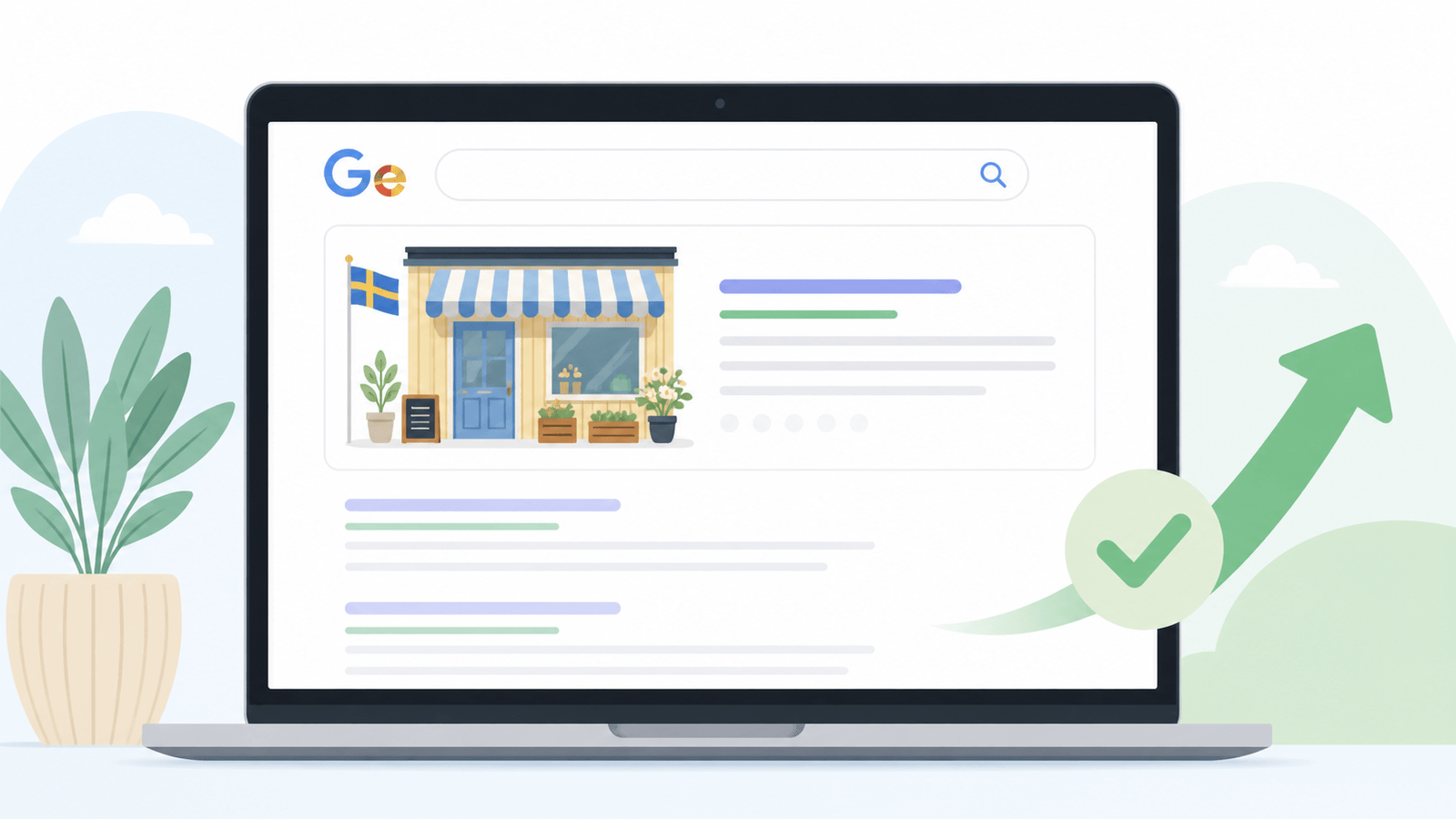 Illustration av ett svenskt företag som visas högt upp i Googles sökresultat