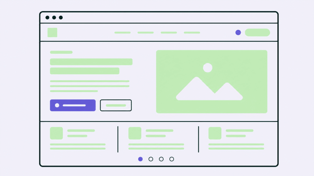 Illustration av en hemsidas layout med rubrik, text, bild och knappar