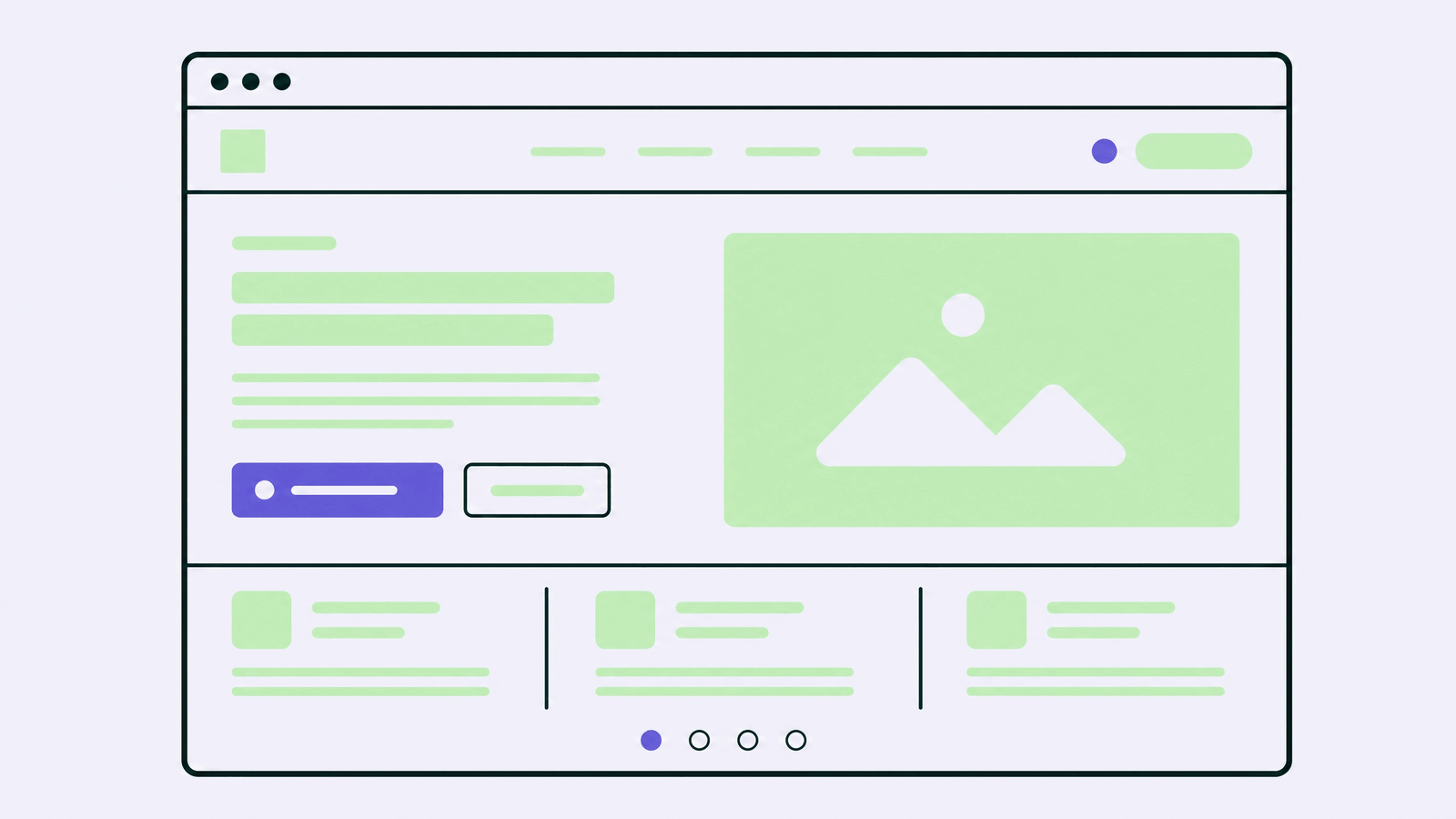Illustration av en hemsidas layout med rubrik, text, bild och knappar