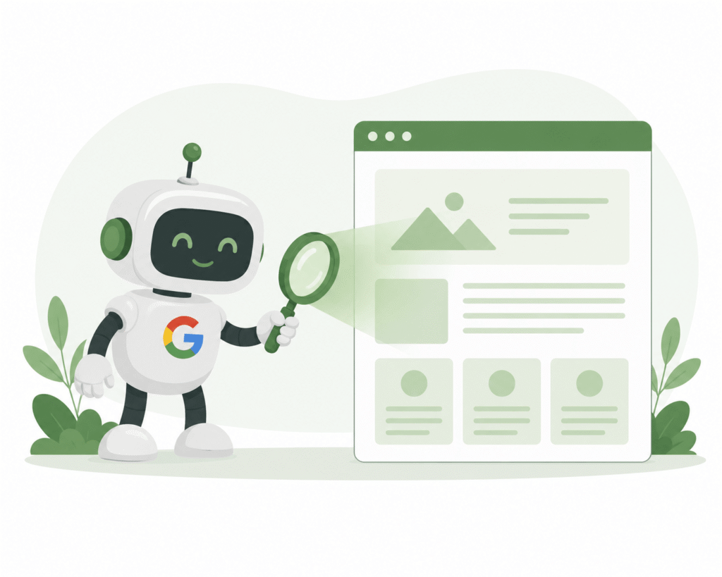 Vänlig tecknad robot som använder ett förstoringsglas för att skanna en enkel wireframe av en hemsida i grön och vit design.
