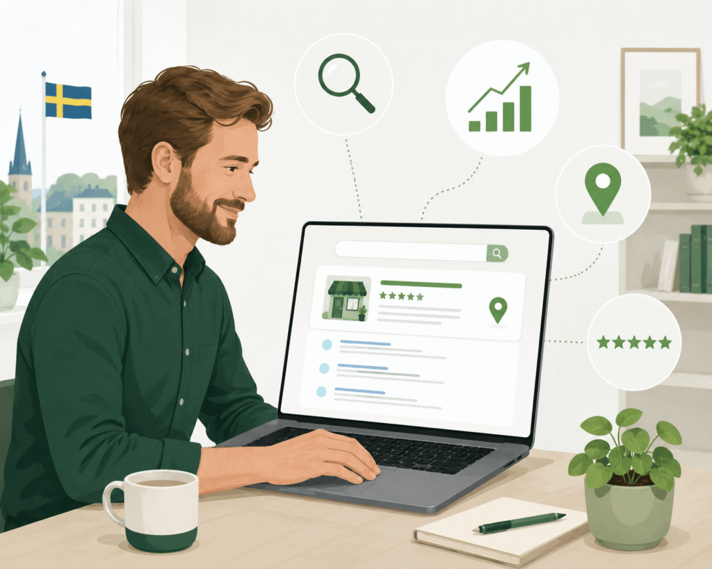 Illustration av en småföretagare som sitter vid en laptop med sökresultat på skärmen och SEO-ikoner som förstoringsglas, graf, platsnål och stjärnbetyg runt omkring.