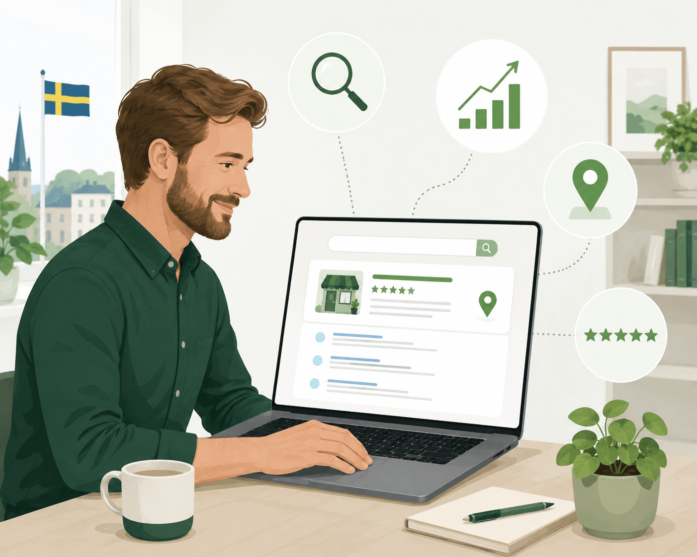 Illustration av en småföretagare som sitter vid en laptop med sökresultat på skärmen och SEO-ikoner som förstoringsglas, graf, platsnål och stjärnbetyg runt omkring.
