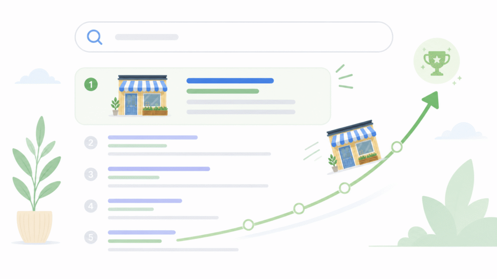 Illustration av ett lokalt företag som klättrar till första platsen i Googles sökresultat