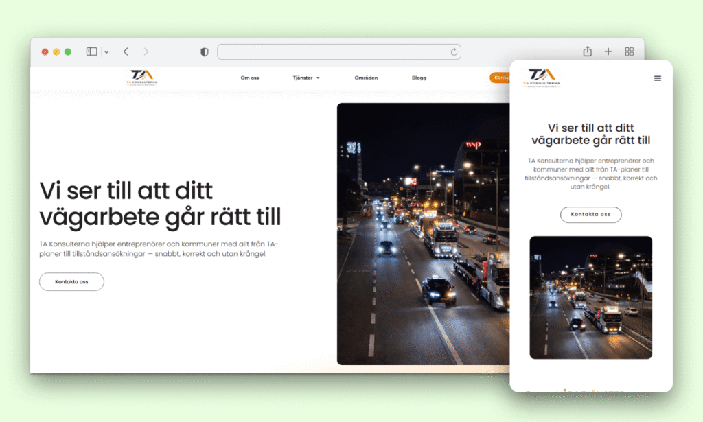 Hemsidan för TA Konsulterna med en grön bakgrund