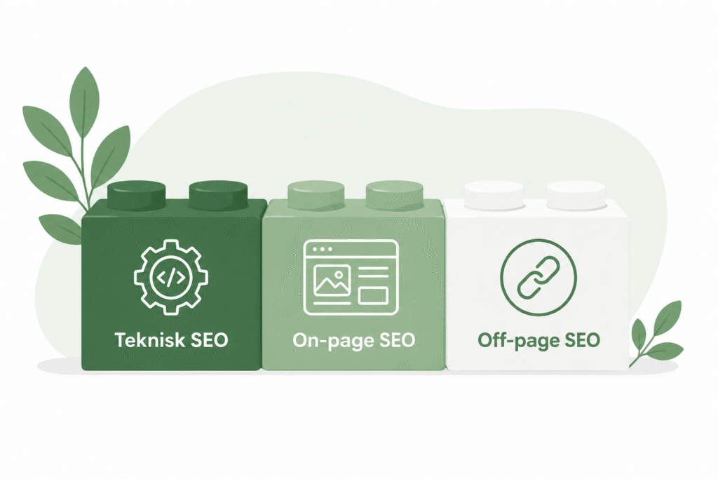 Minimalistisk illustration av tre byggklossar märkta Teknisk SEO, On-page SEO och Off-page SEO i gröna nyanser.