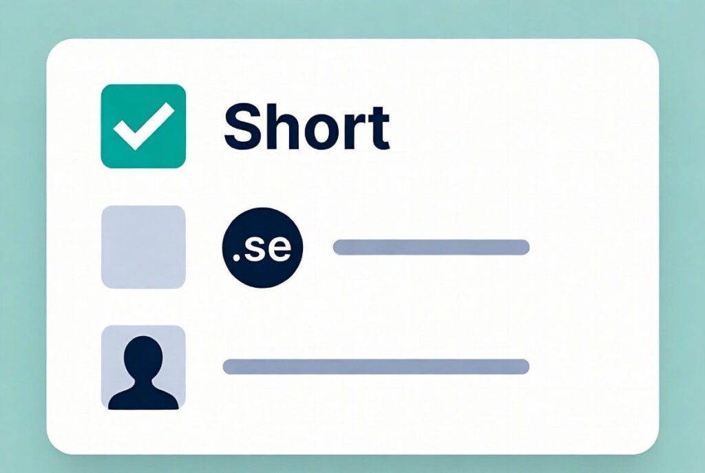 Illustration av vad som gör ett bra domännamn – kort, med .se-ändelse och kopplat till din verksamhet