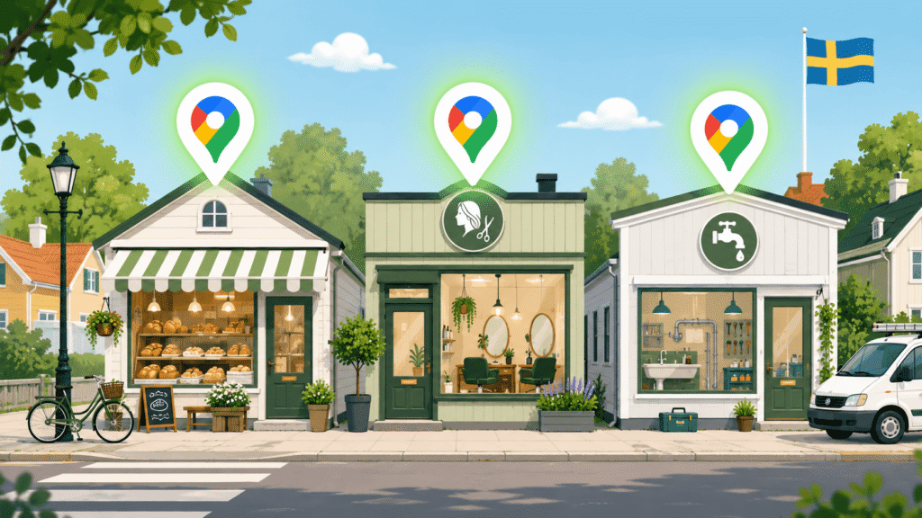 Illustration av en svensk småstadsgata med lokala företag som bageri, frisör och rörmokare. Ovanför varje verksamhet visas en kartnål som symboliserar synlighet i Google Maps.