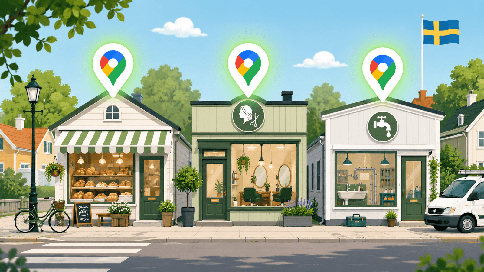Illustration av en svensk småstadsgata med lokala företag som bageri, frisör och rörmokare. Ovanför varje verksamhet visas en kartnål som symboliserar synlighet i Google Maps.