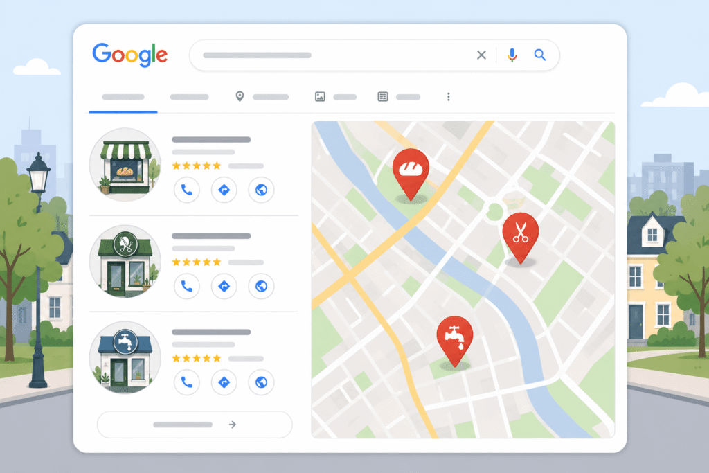 Illustration av Googles lokala sökresultat med företagslistningar och en karta där tre lokala företag är markerade med kartnålar.