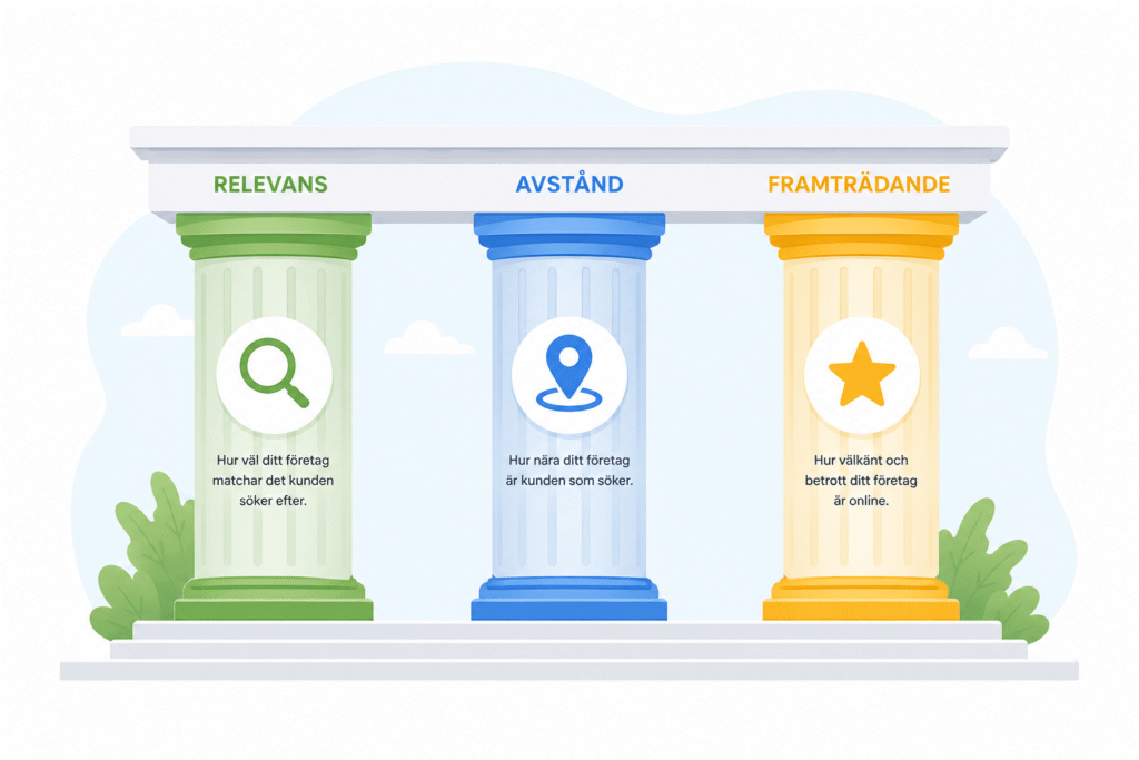 Illustration med tre pelare som representerar de viktigaste rankingfaktorerna för lokal SEO: relevans, avstånd och framträdande.