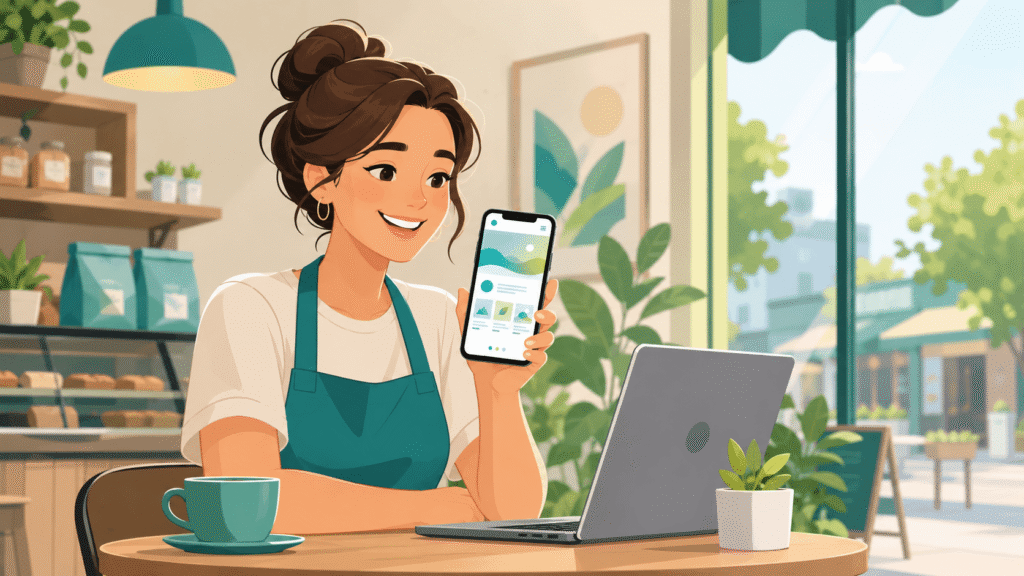 Illustration av en leende småföretagare som sitter på ett café och tittar på sin välorganiserade och mobilanpassade webbplats på en smartphone.