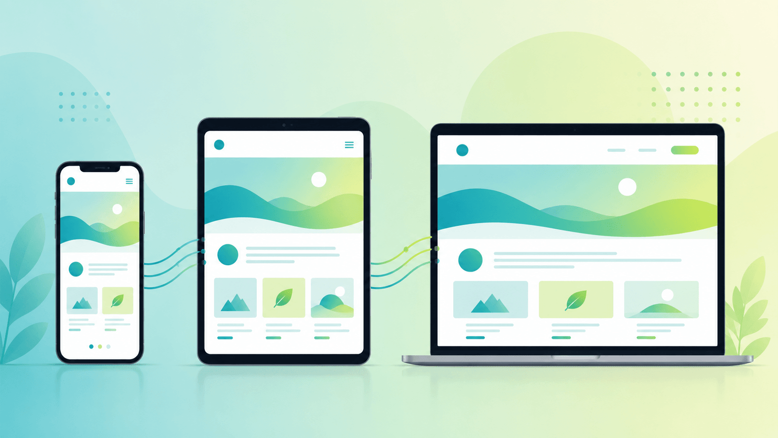 Illustration som visar en responsiv webbplats som automatiskt anpassar sig till mobil, surfplatta och bärbar dator med en modern och användarvänlig design.